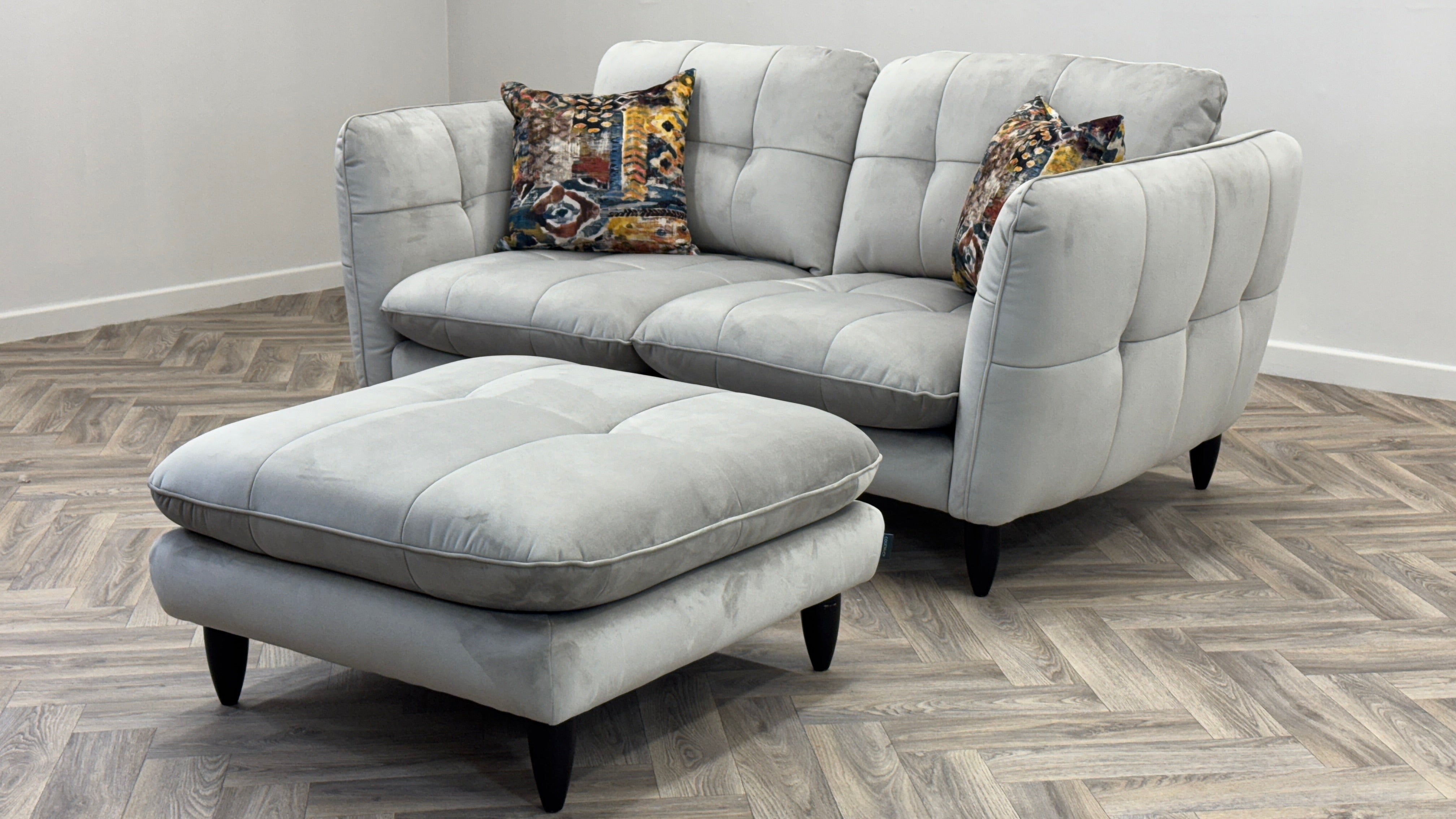 Jackie 2 Seater Sofa & Footstool Plush Silver Fabric - Sample