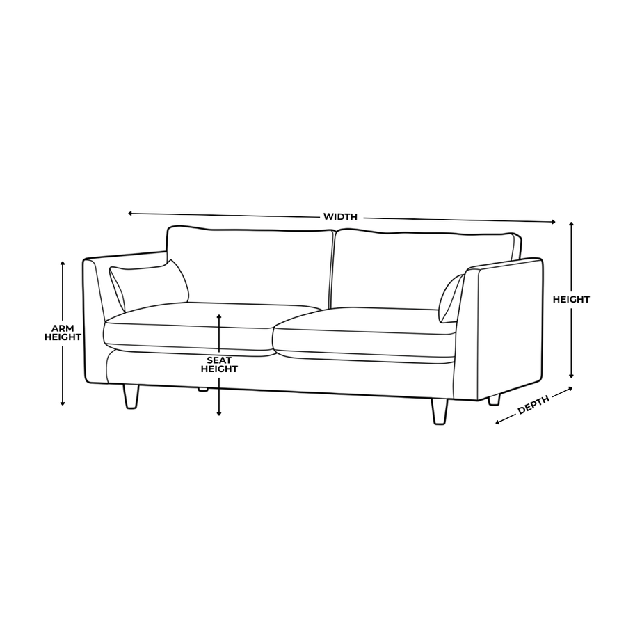 Dimension diagram for Baker 3 Seater Scandi Fabric Sofa