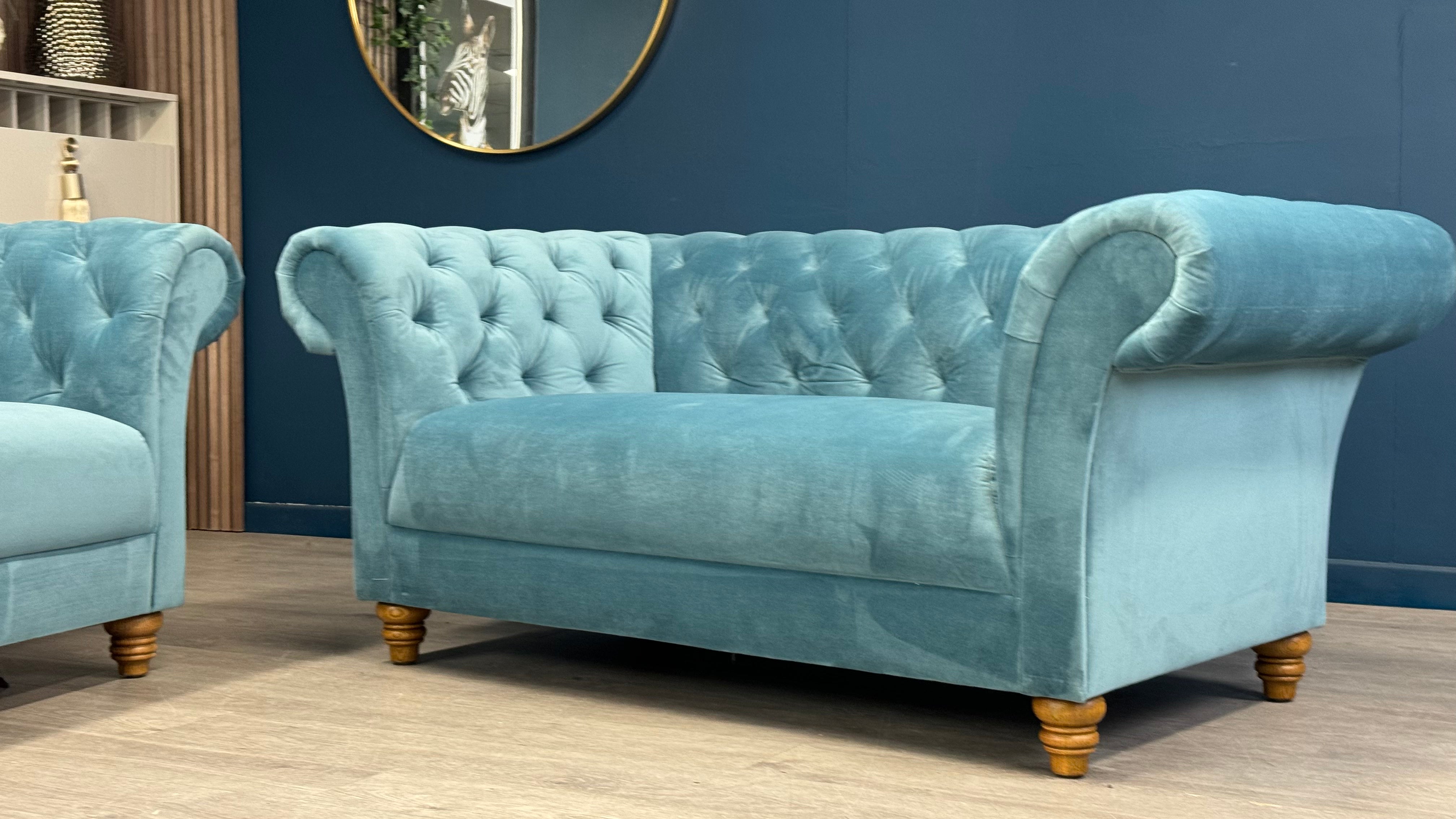 Montgomery Two x 2 Seater Teal Fabric Chesterfield Sofa - Oak Furnitureland