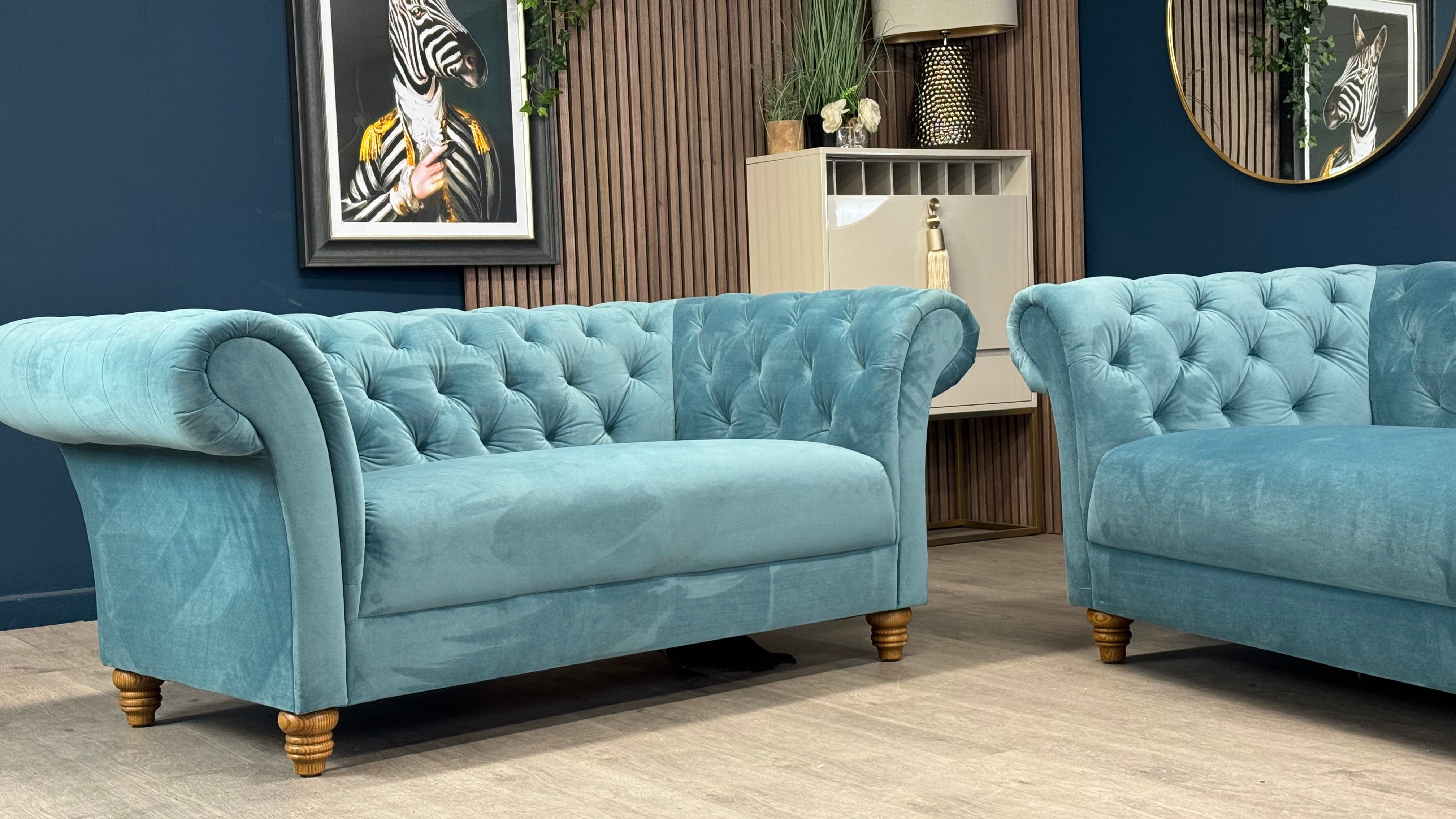 Montgomery Two x 2 Seater Teal Fabric Chesterfield Sofa - Oak Furnitureland