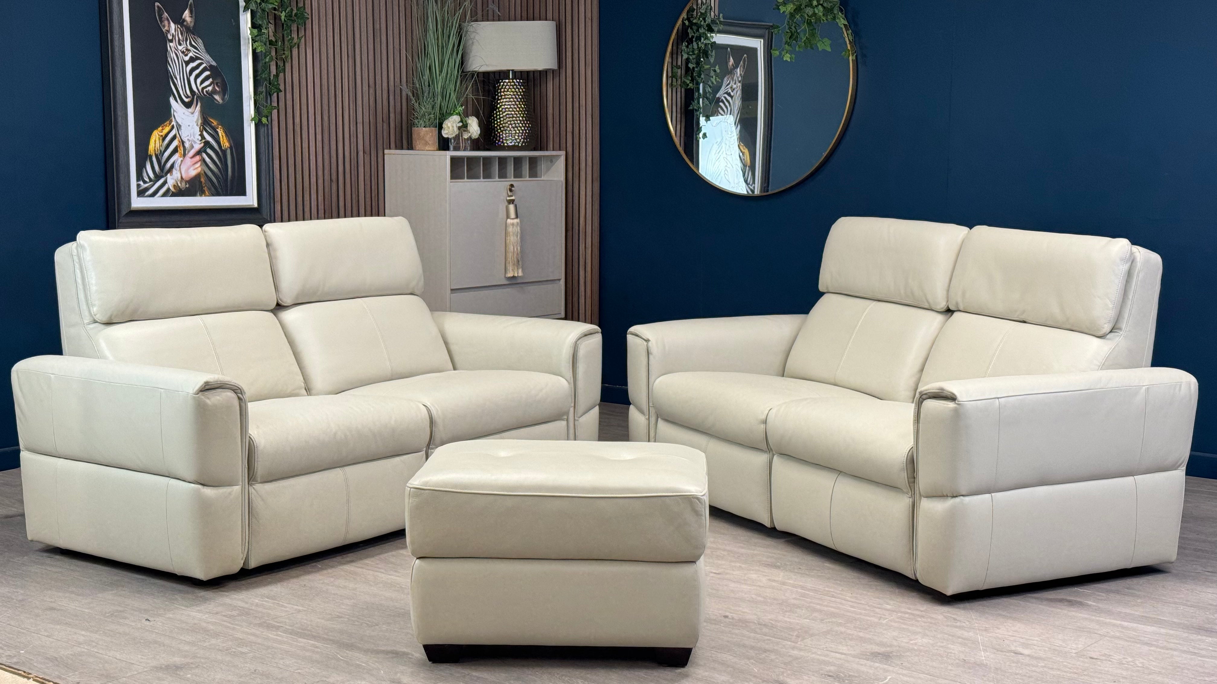 Samson Two x 2 Seater Stone Leather Sofas & Footstool - Oak Furnitureland