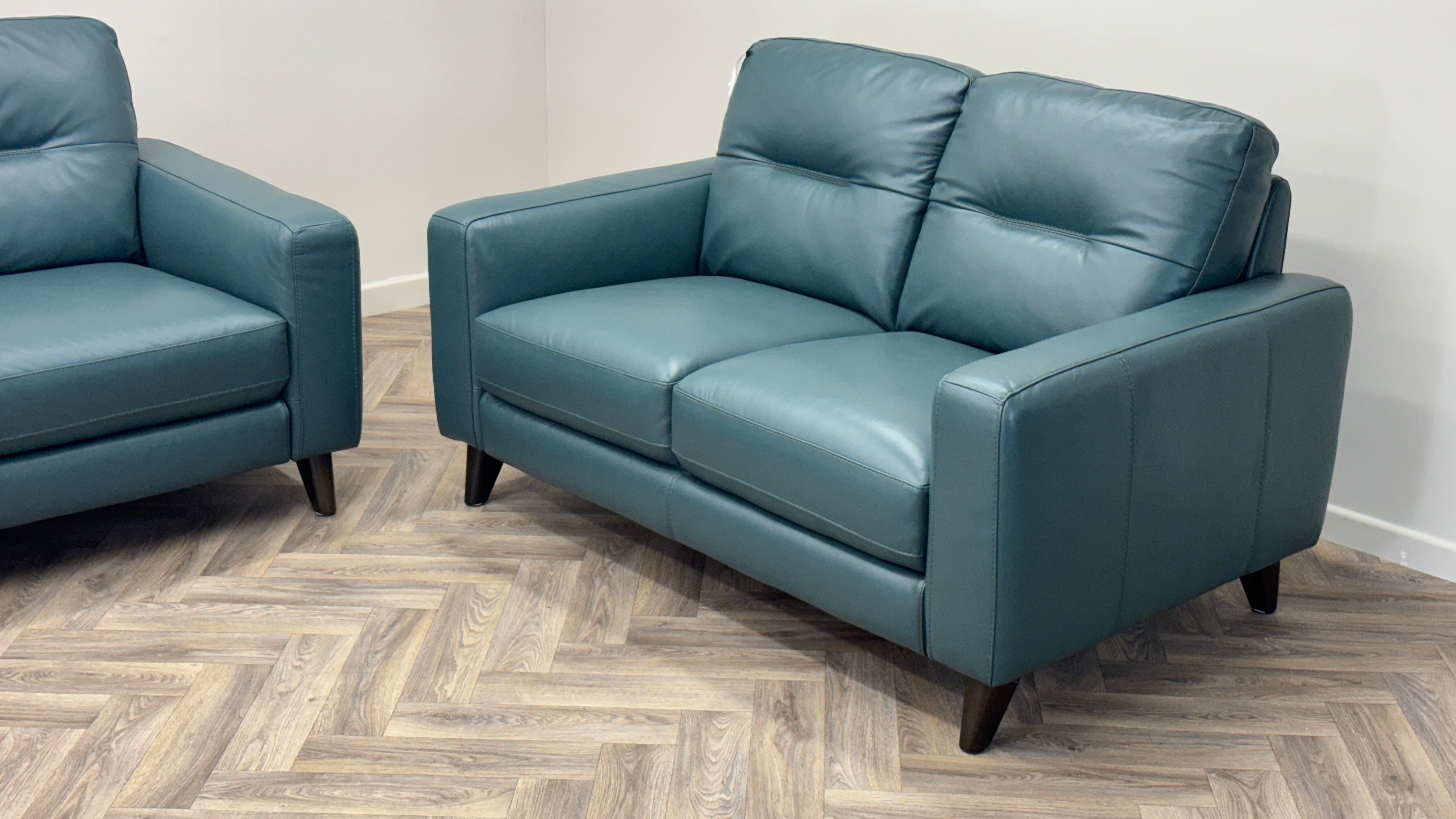 Furniture Village Clearance Jules 3 & 2 Seater Lake Green Leather Sofa Set