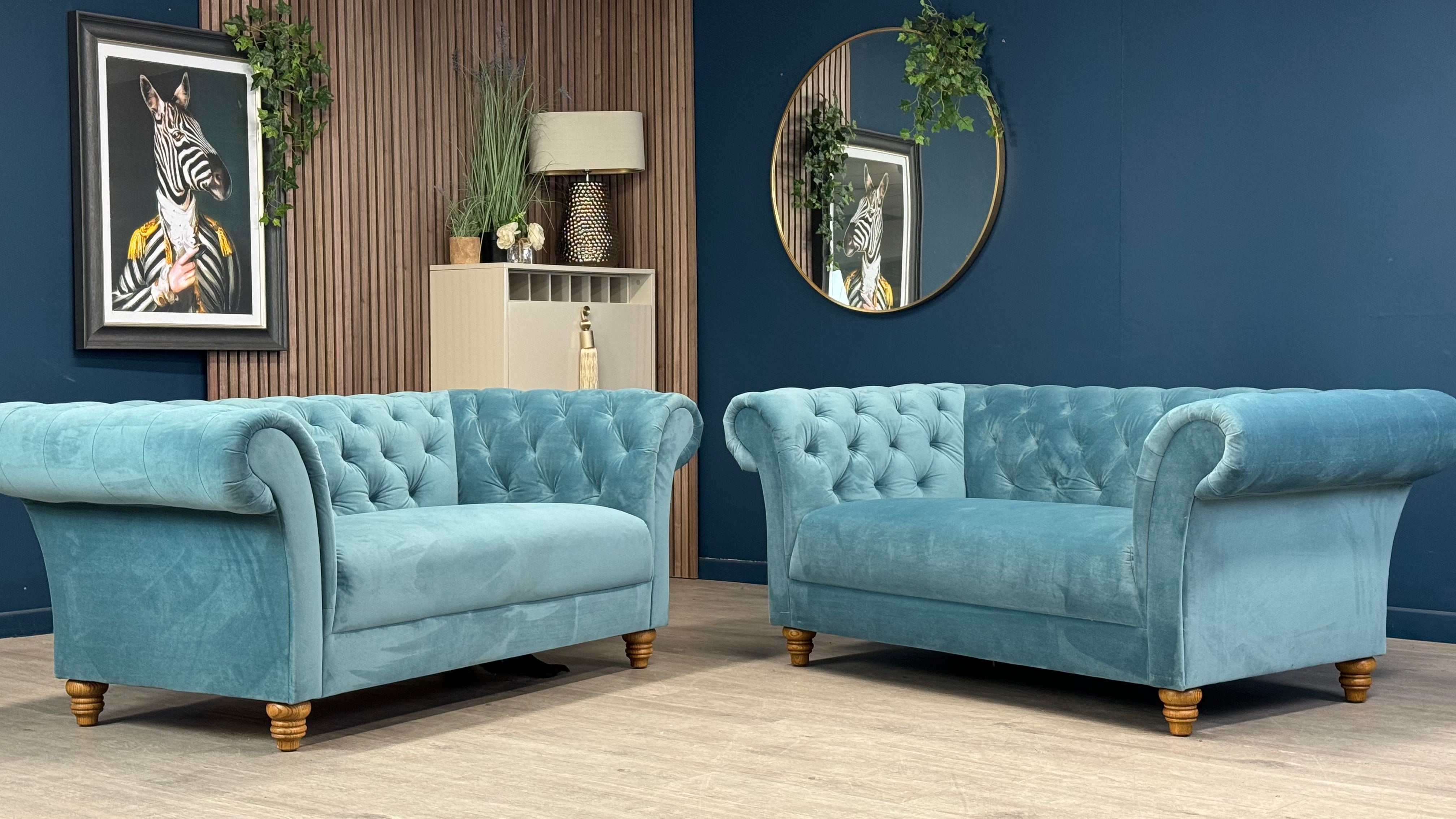 Montgomery Two x 2 Seater Teal Fabric Chesterfield Sofa - Oak Furnitureland