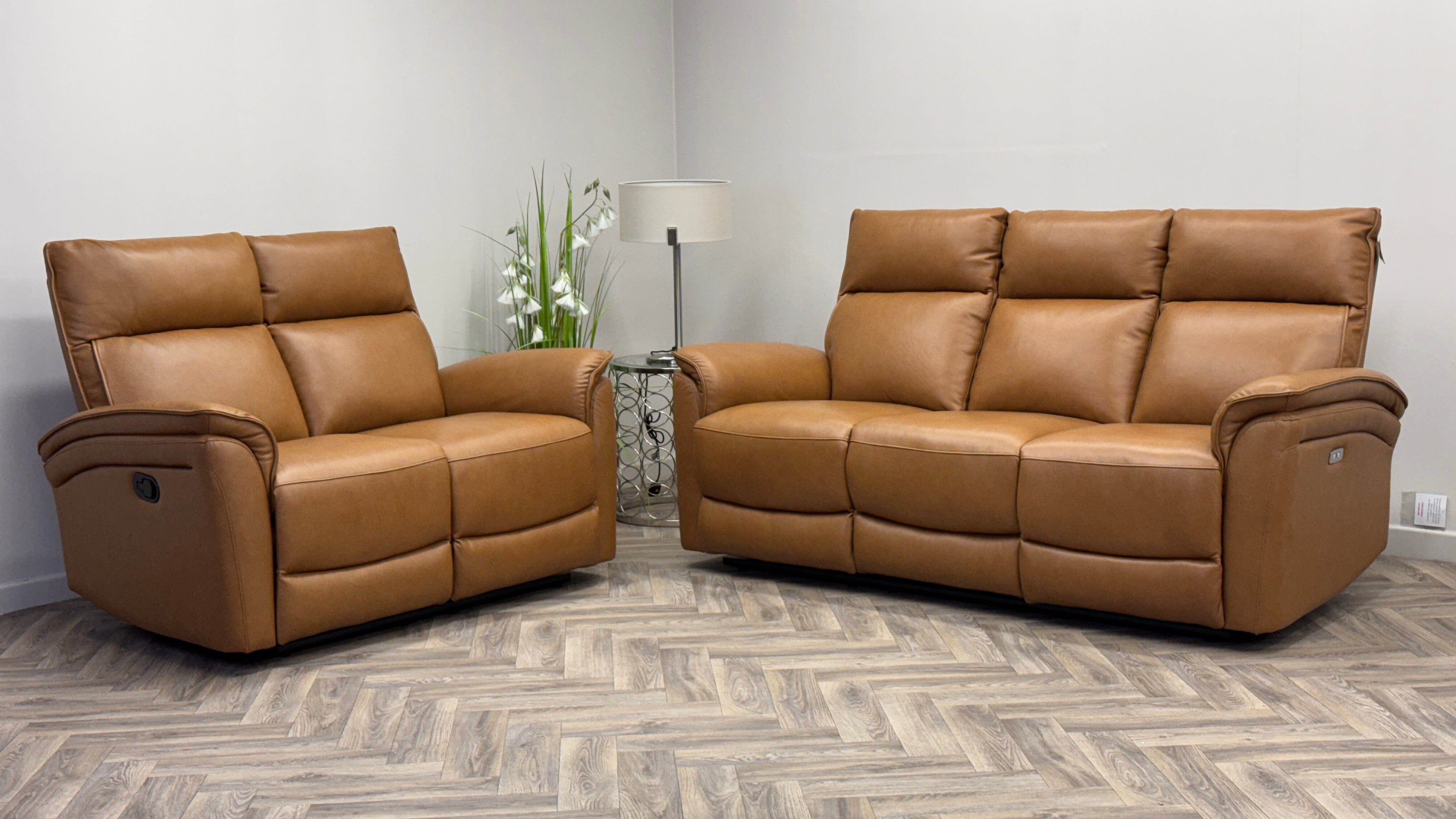 Zahara 3 Seater Power & 2 Seater Manual Recliner Tan Leather Sofa Set