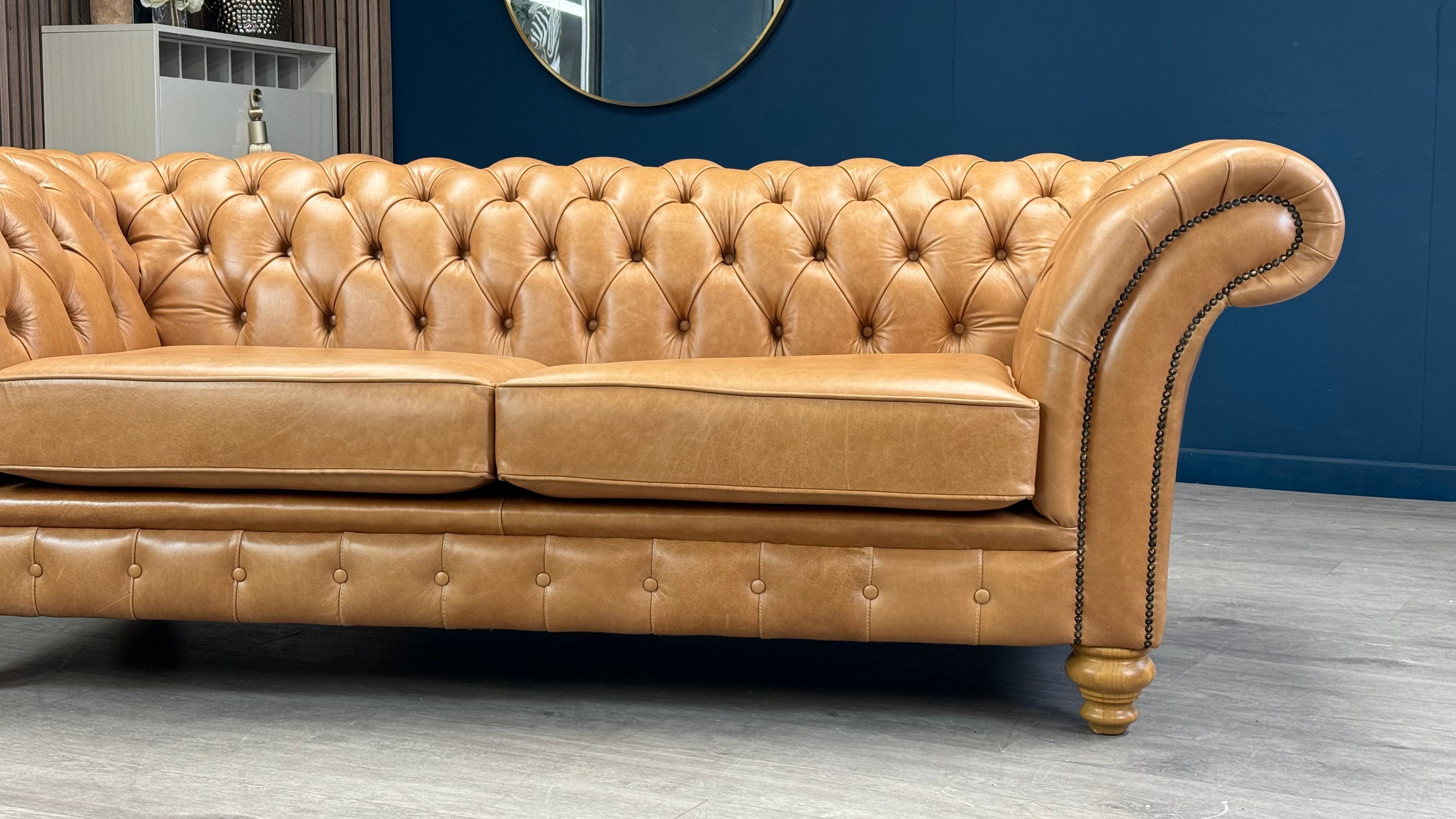 Chesterfield 3 Seater Sofa British Hand Crafted In 100% Genuine Tan Leather