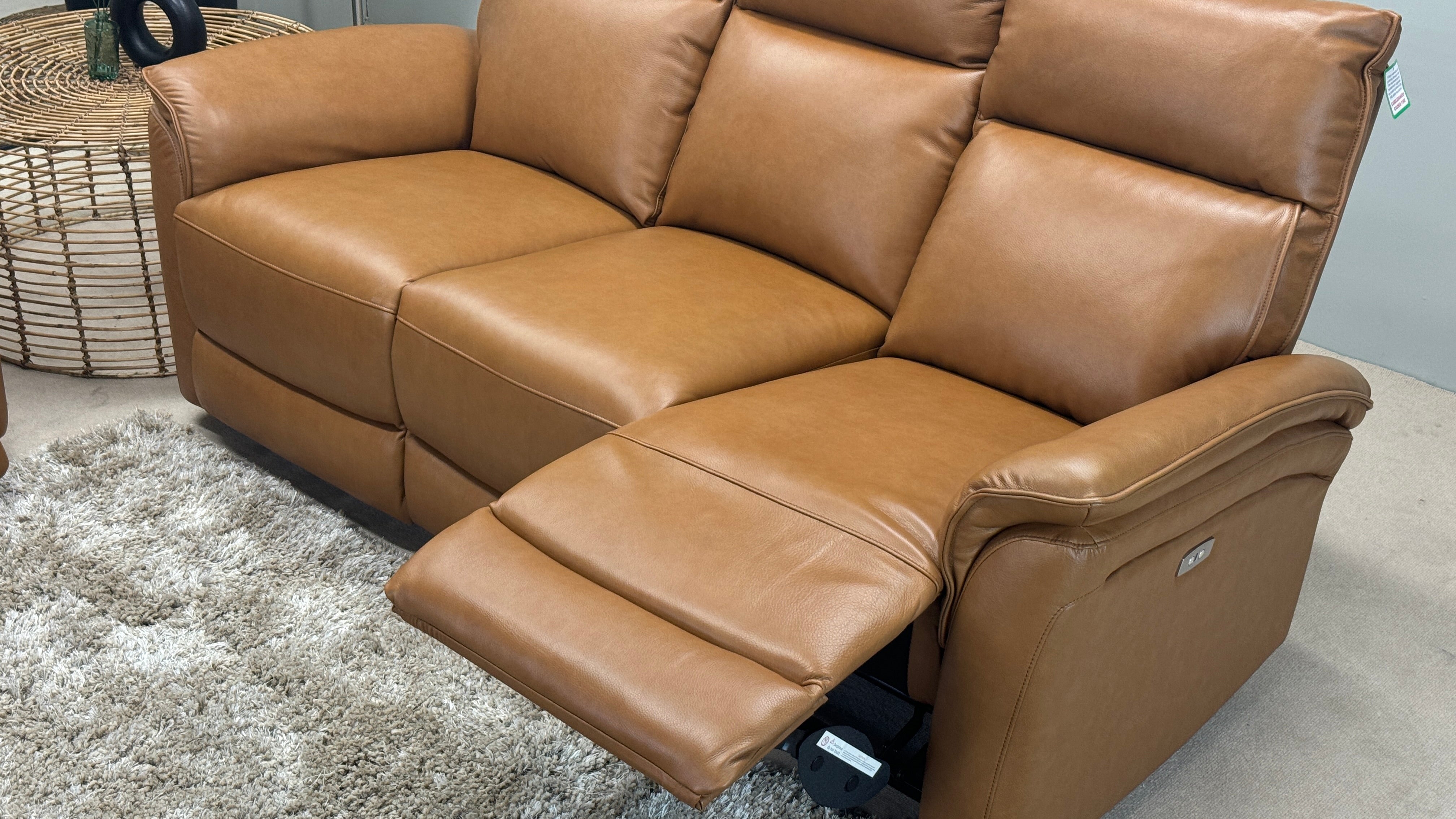 Zahara 3 Seater Sofa & Chair Power Recliner Tan Leather