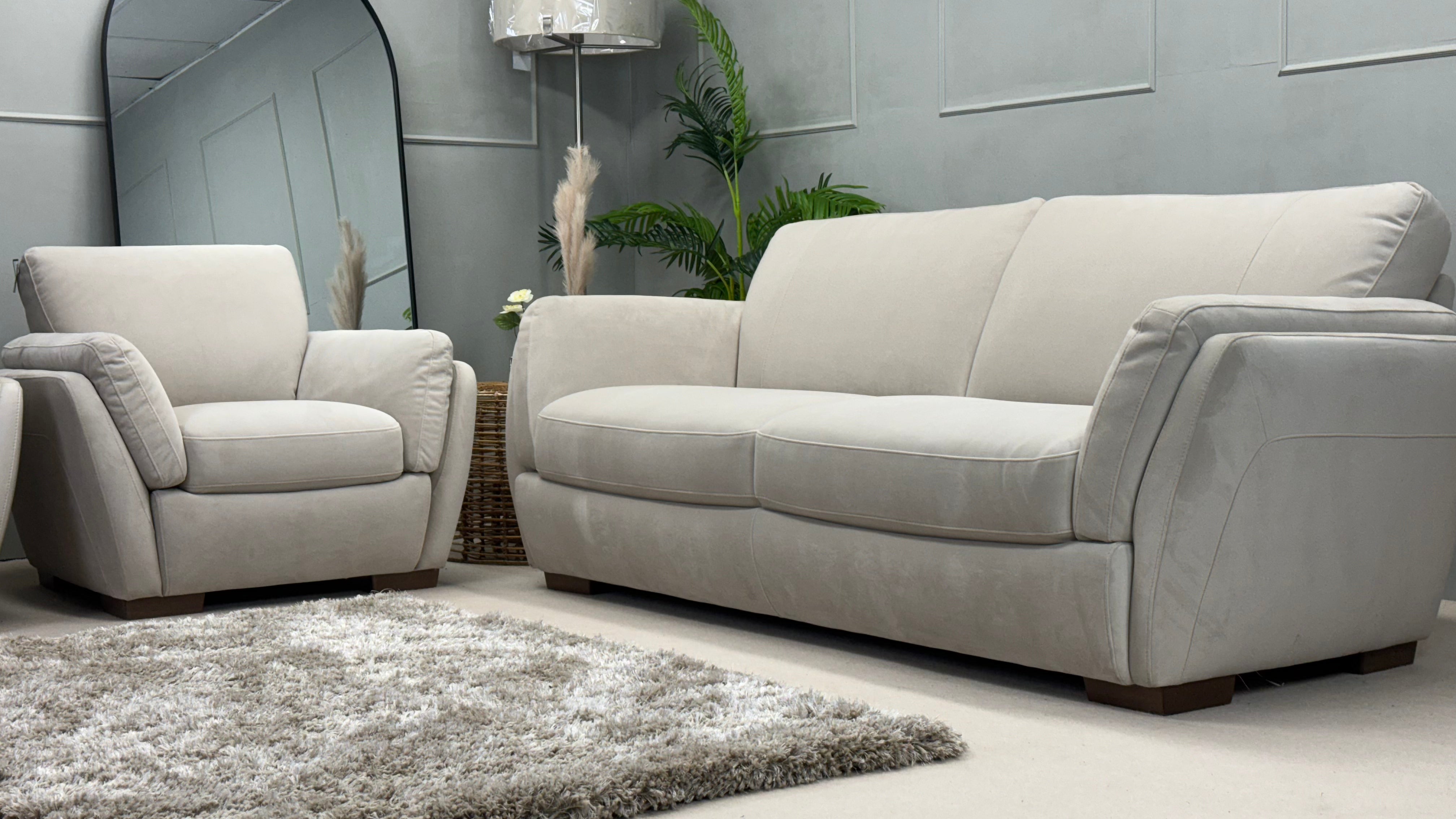 Amalfi 3 Seater & Two x Chairs Natuzzi Beige Fabric - Oak Furniture land