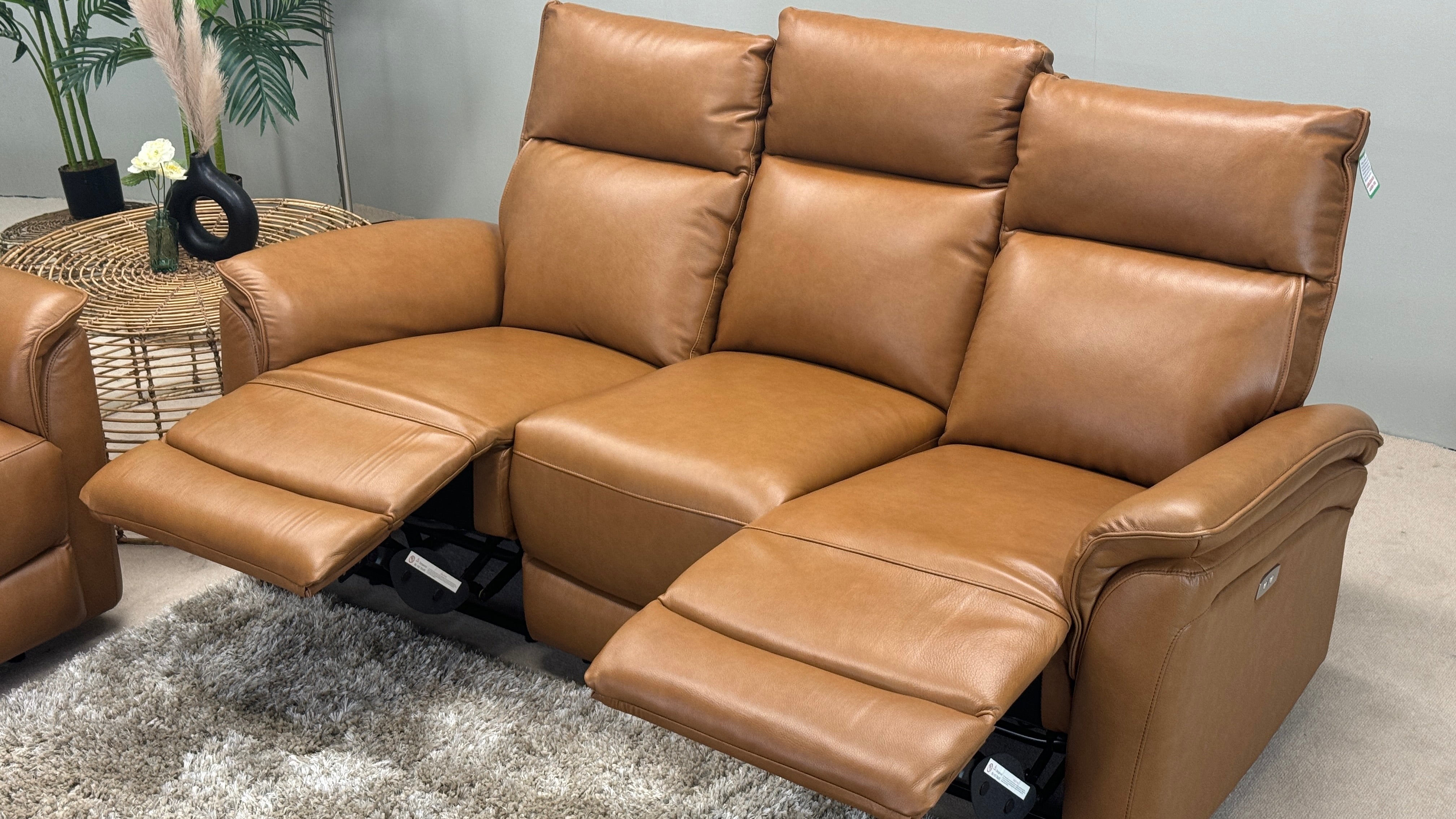 Zahara 3 Seater Sofa & Chair Power Recliner Tan Leather