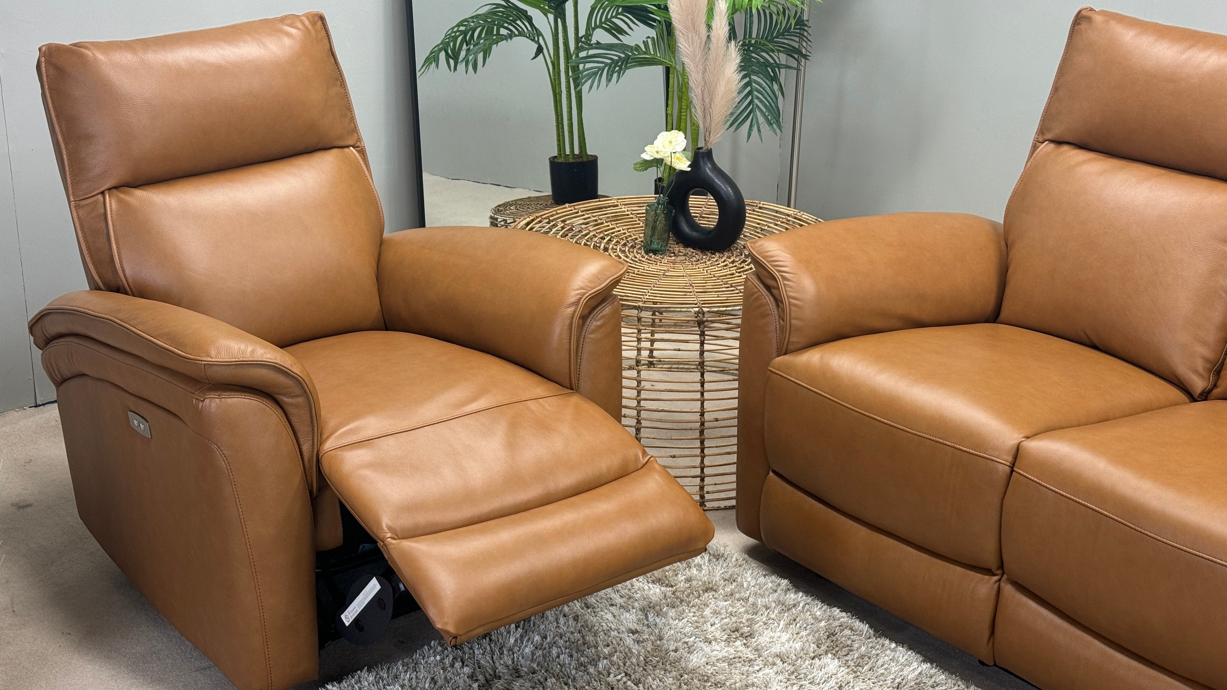 Zahara 3 Seater Sofa & Chair Power Recliner Tan Leather