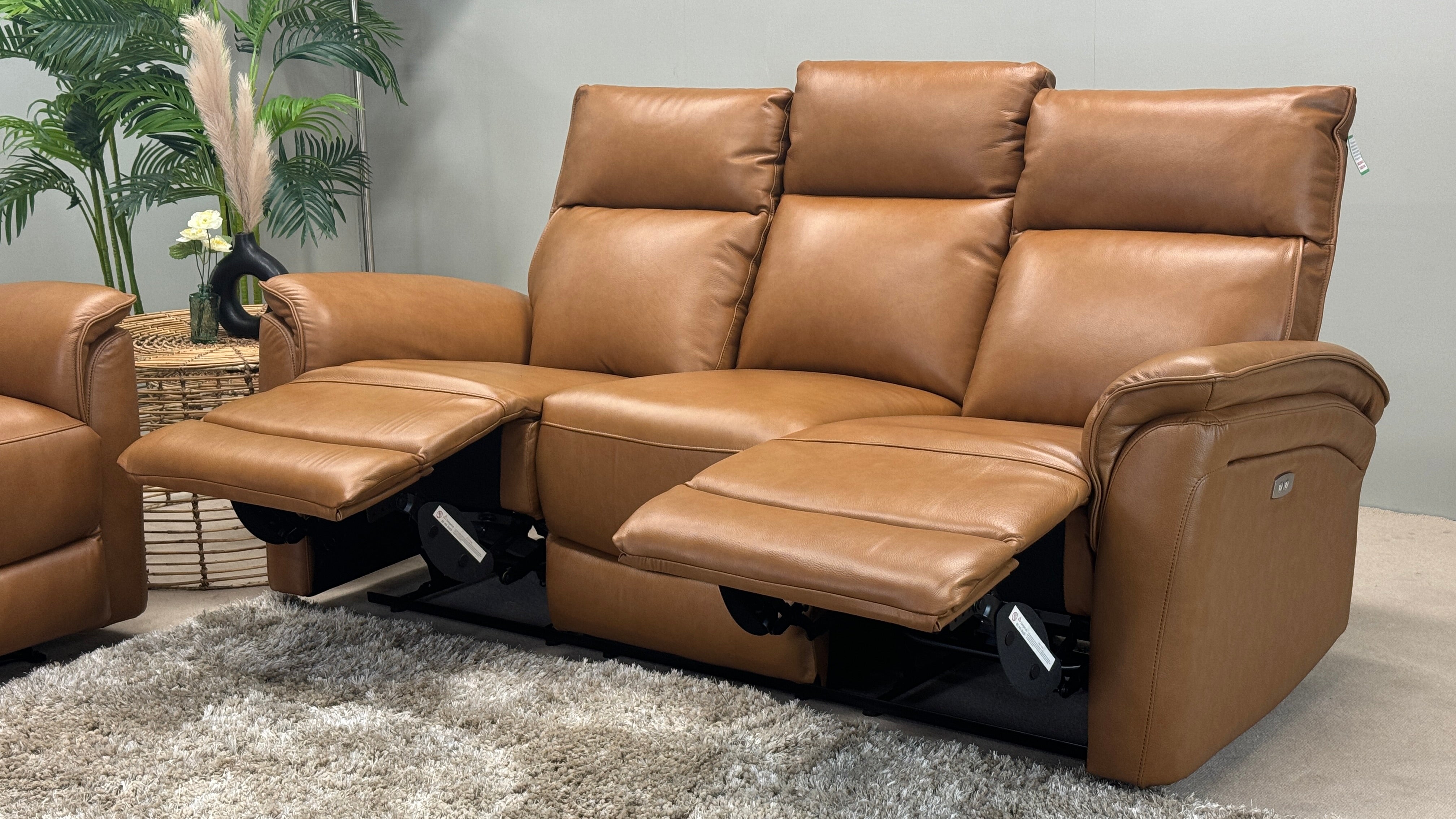 Zahara 3 Seater Sofa & Chair Power Recliner Tan Leather