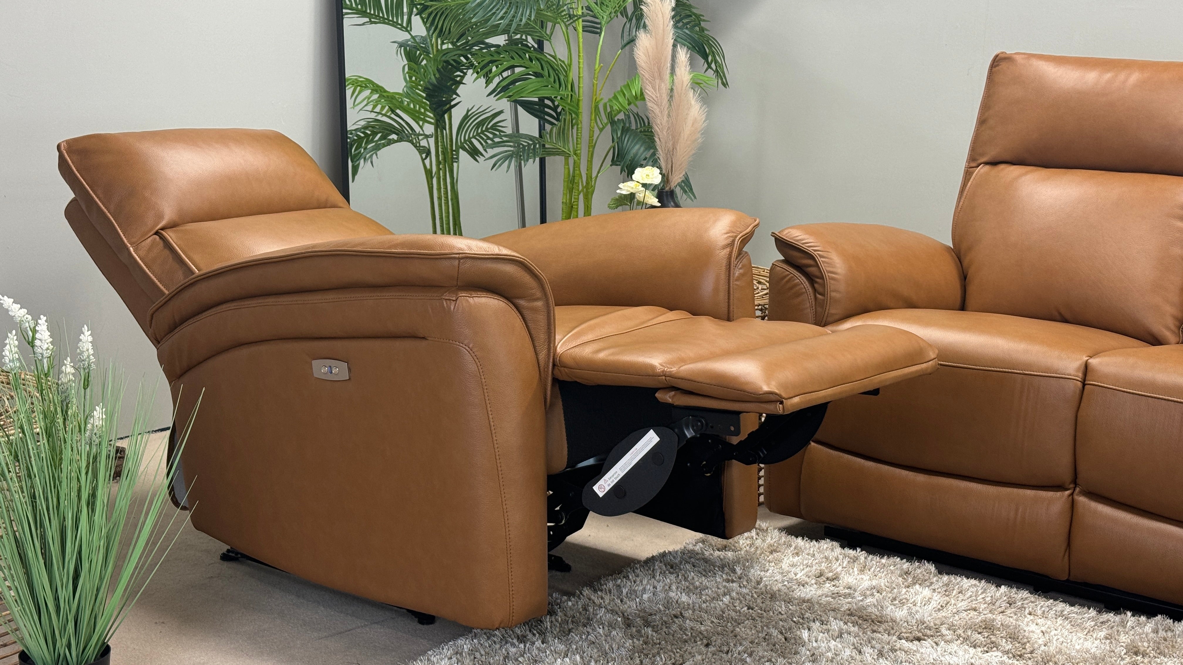 Zahara 3 Seater Sofa & Chair Power Recliner Tan Leather