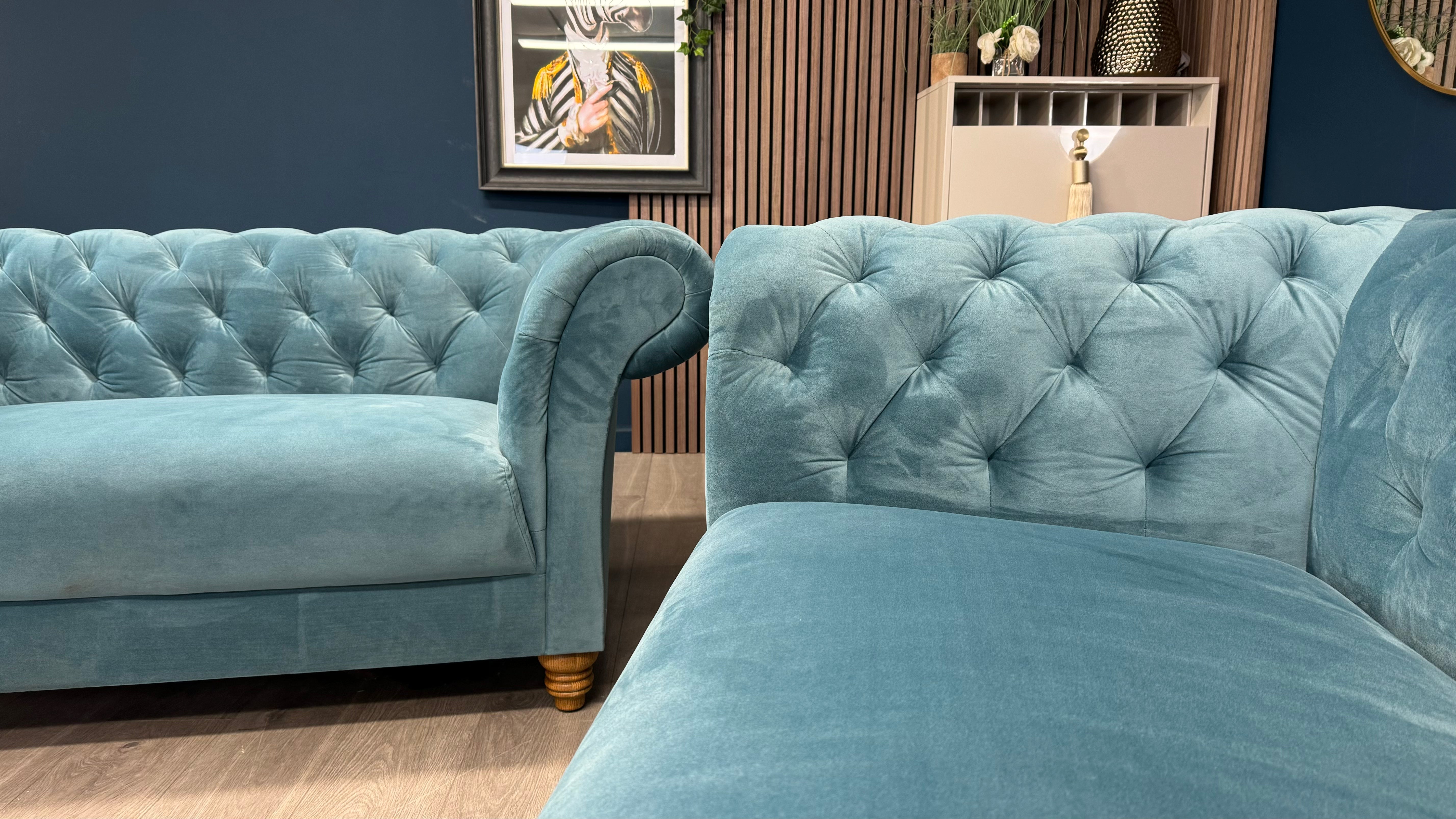 Montgomery Two x 2 Seater Teal Fabric Chesterfield Sofa - Oak Furnitureland