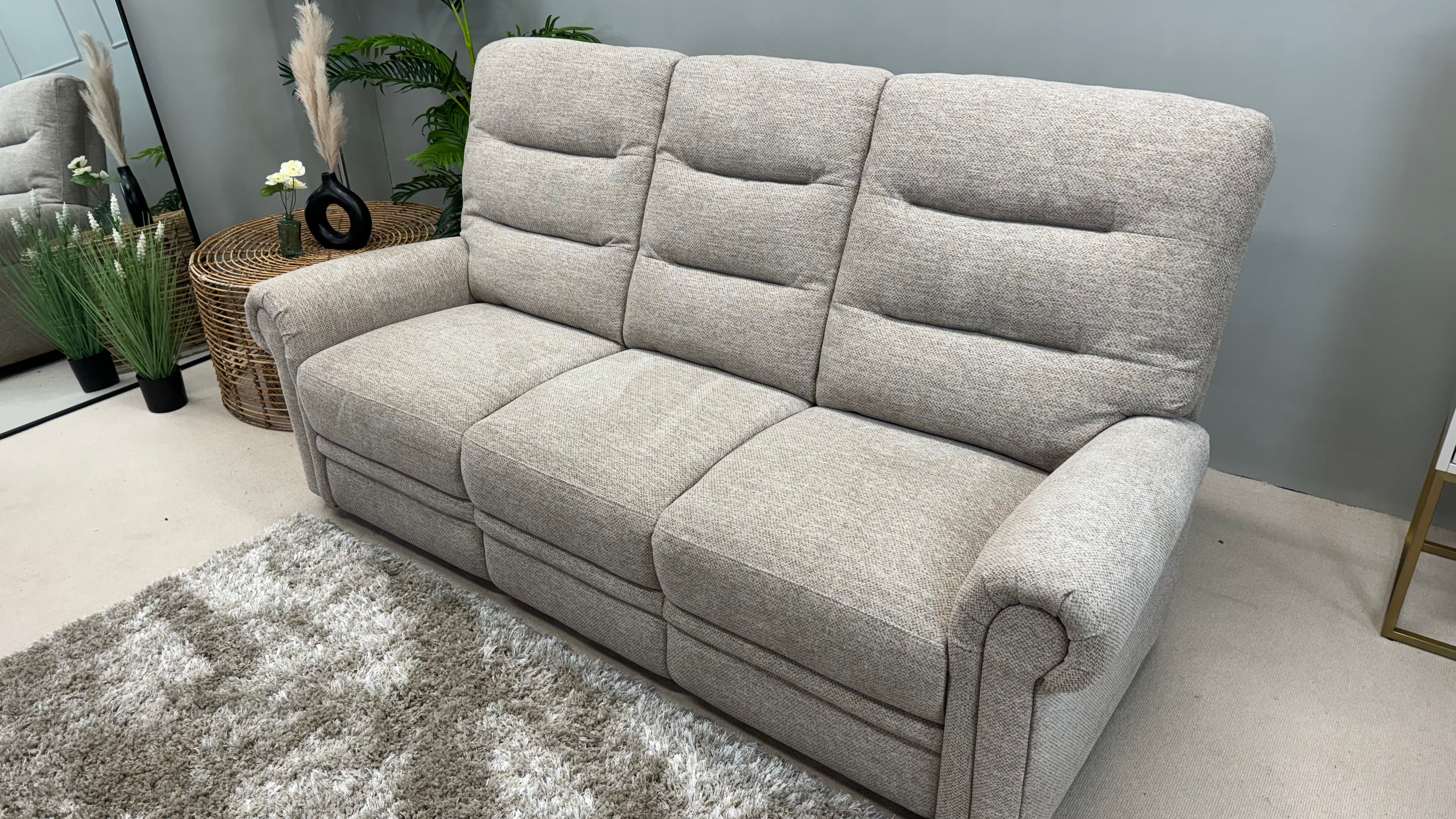 Eastbourne 3 Seater Beige Fabric High Back Sofa - Oak Furnitureland