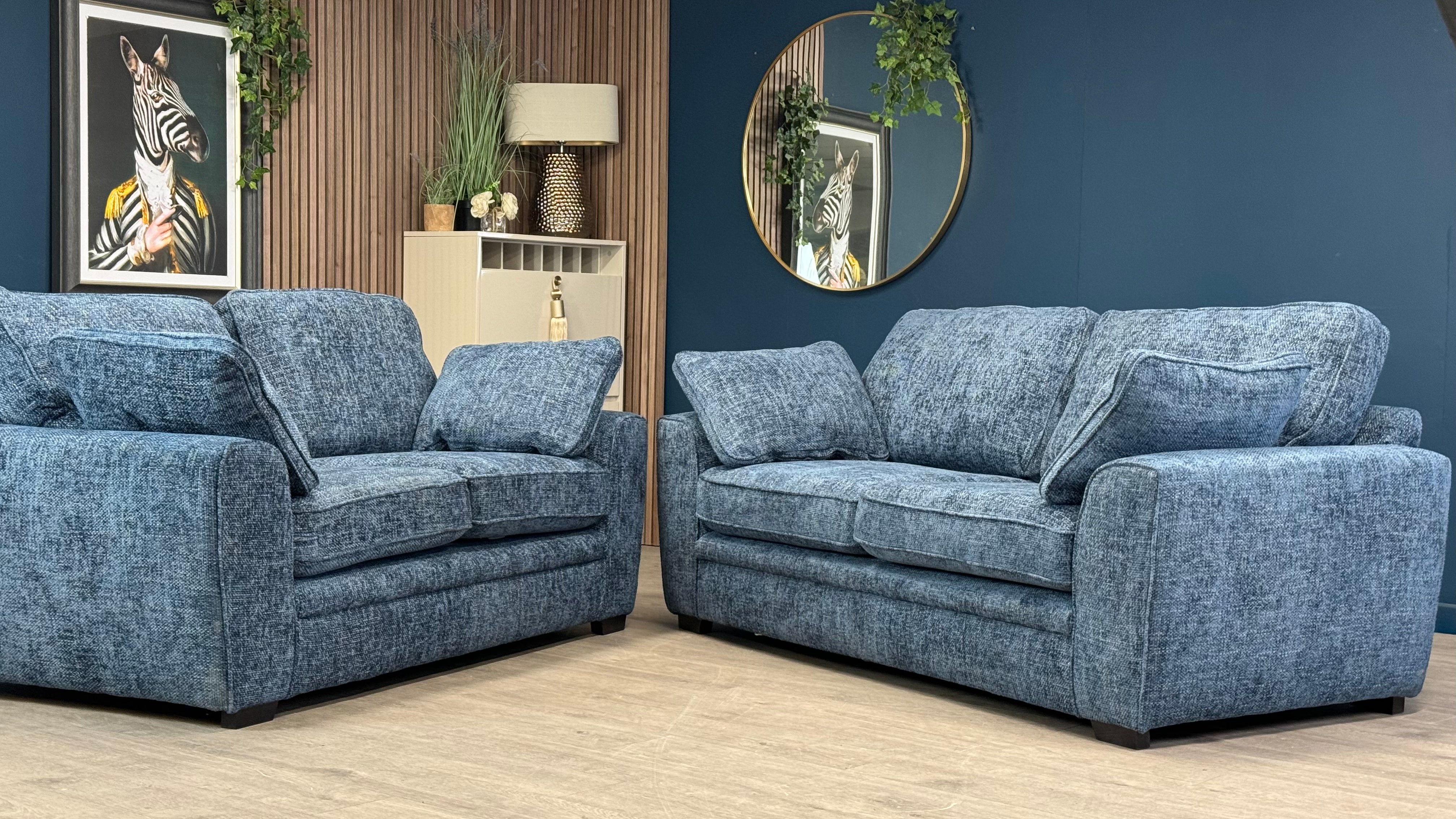 Melbourne 3 & 2 Seater Marine Blue Fabric - Oak Furnitureland