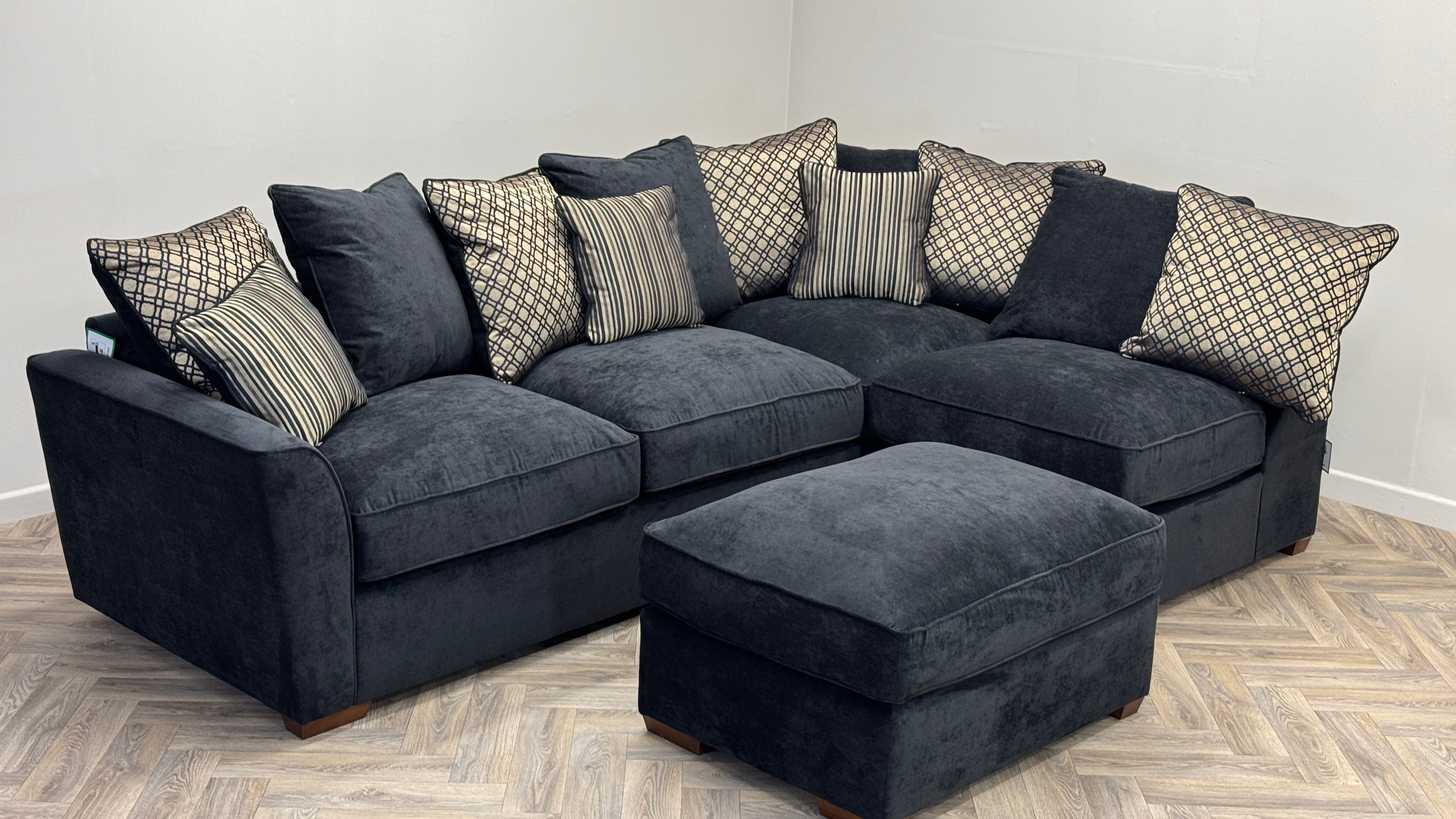 Fantasia Corner Sofa & Footstool Black Fabric Pillow Back