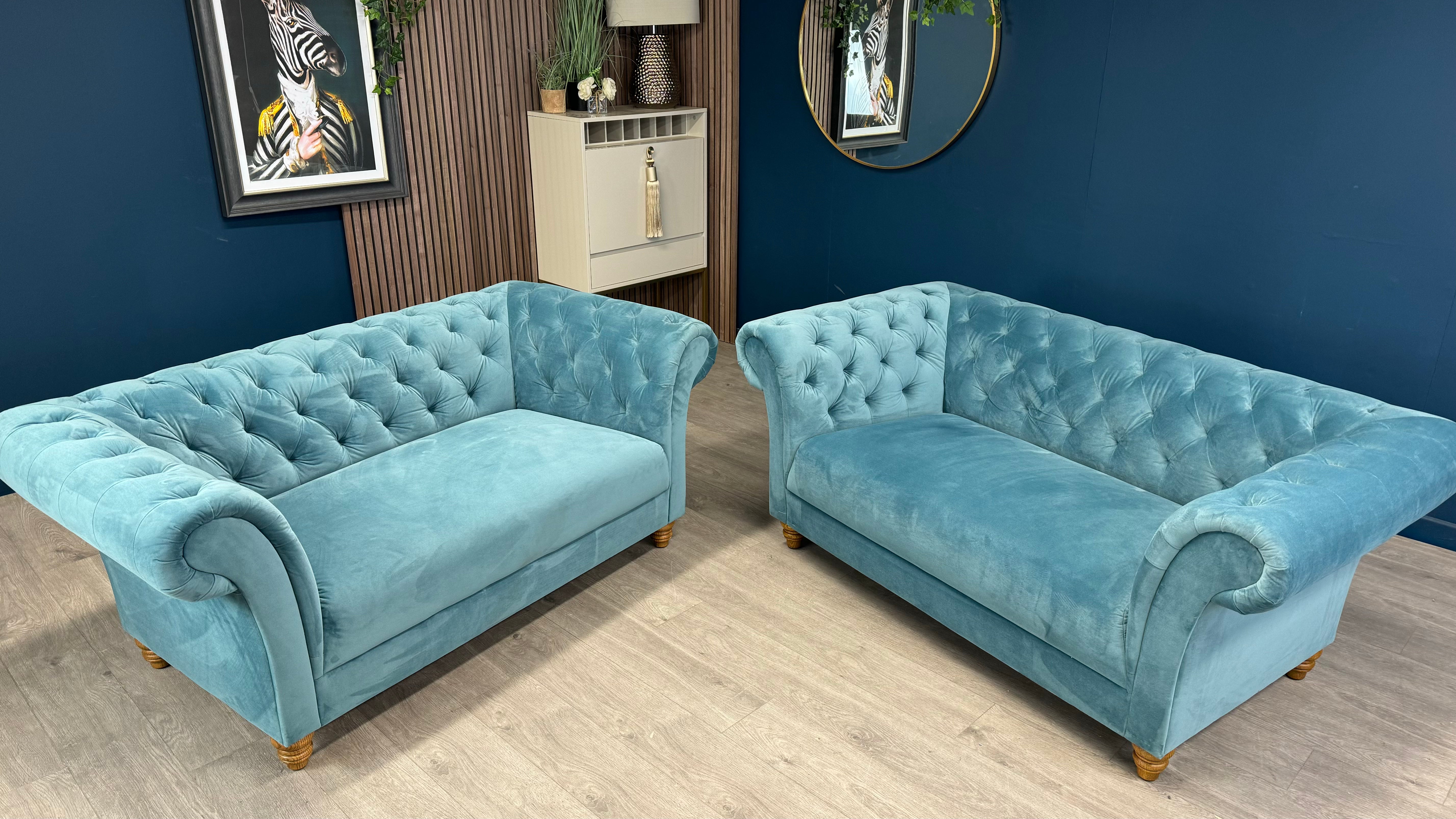 Montgomery Two x 2 Seater Teal Fabric Chesterfield Sofa - Oak Furnitureland