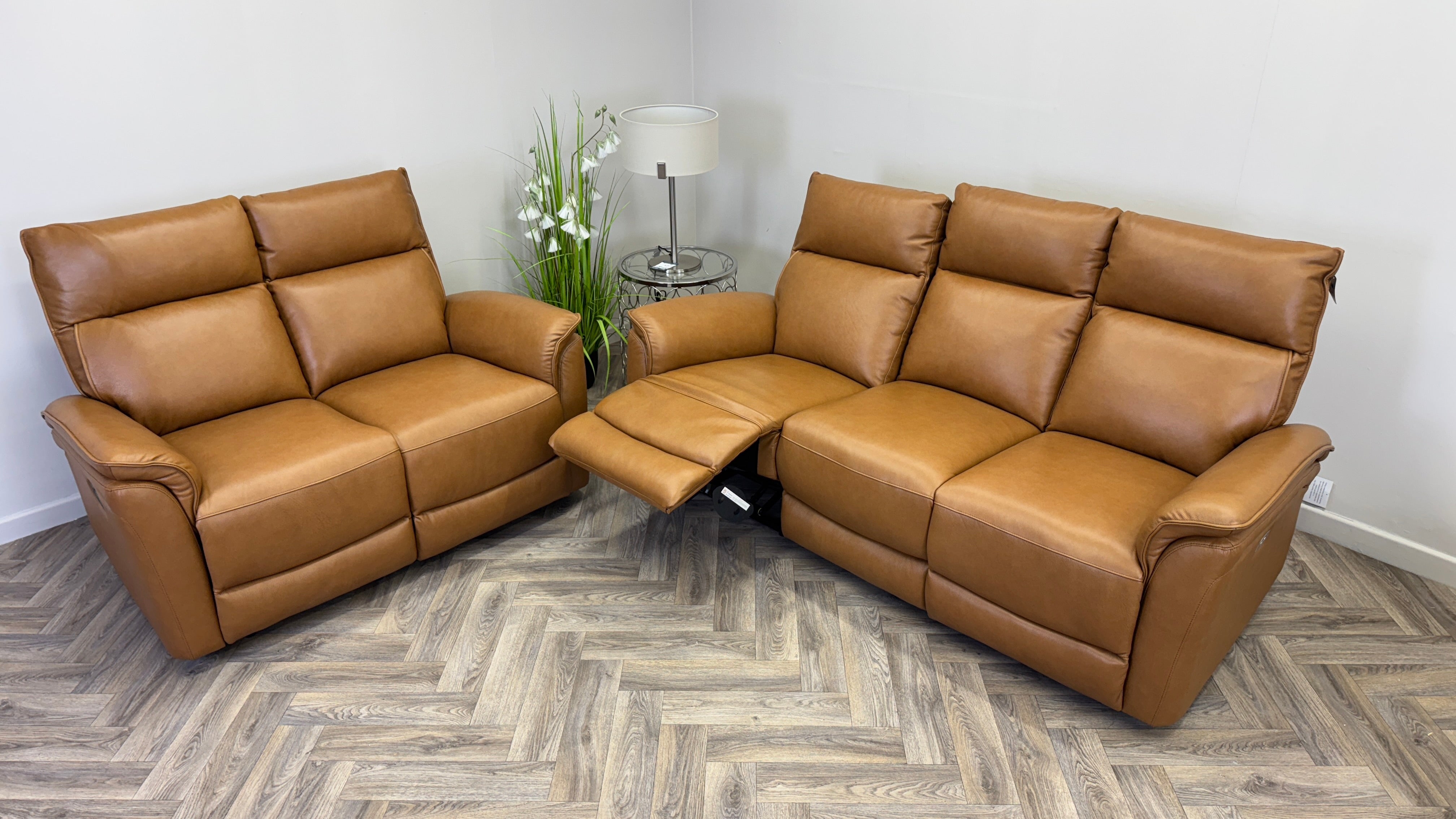 Zahara 3 Seater Power & 2 Seater Manual Recliner Tan Leather Sofa Set