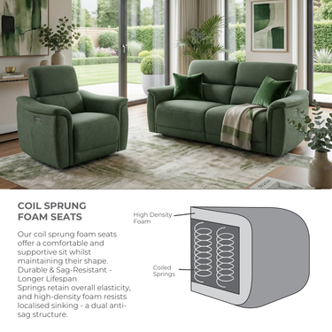 Green fabric dual power recliner armchair and matching sofa with plush cushions in bright living room near garden view