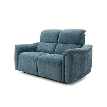 Two-seat plush teal fabric recliner sofa with padded armrests and adjustable headrests on white background