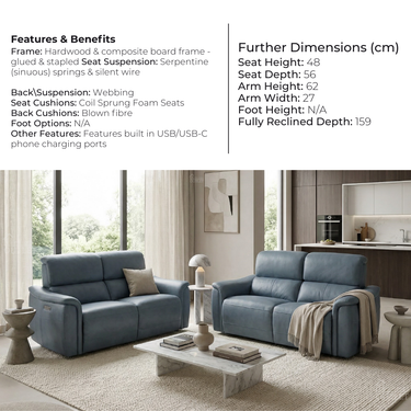 Pair of modern blue fabric recliner armchairs with USB ports and plush cushioning in bright contemporary living room