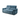Three-seater plush blue fabric sofa with dual power recline and padded armrests on white background