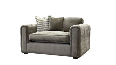 Roxy Night Loveseat fabric chair in gray with cushioned seat and backrest, featuring two decorative pillows and plush armrests