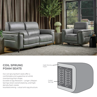 Coil sprung foam seat construction diagram showing high-density foam and coiled springs with Lerato grey recliner sofa lifestyle room image