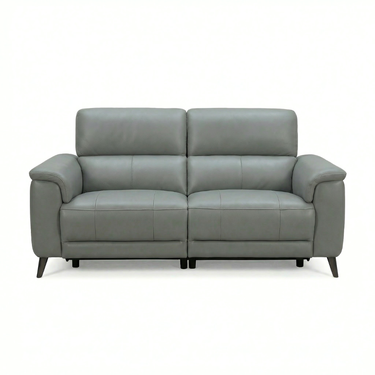 Lerato grey leather two-seater power recliner sofa with adjustable headrests, front view on white background