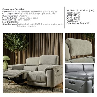 Lerato sofa range features, benefits and dimensions specification sheet with lifestyle images of grey power recliner sofa and armchair