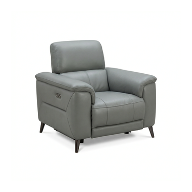 Lerato grey leather power recliner armchair with adjustable headrest and padded seat on dark metal legs, on white background