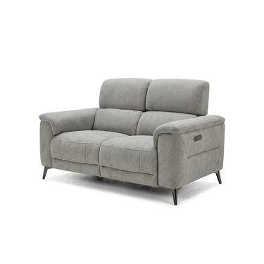 Lerato light grey fabric two-seater power recliner sofa in upright position on dark metal legs, angled view on white background