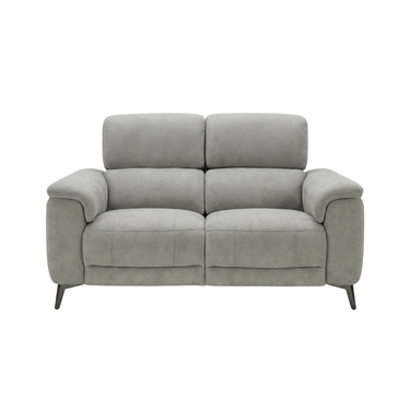 Lerato light grey fabric two-seater power recliner sofa, front-facing view on white background