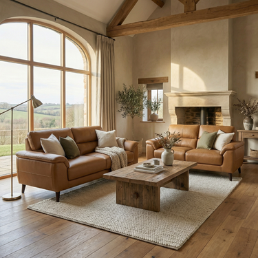 Brown leather Librina armchairs with cushions arranged around a rustic wooden coffee table on a woven rug in a cozy living room.