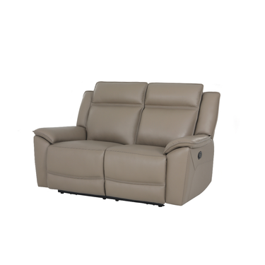 Melina 2 seater taupe top grain leather recliner sofa with padded armrests and built-in recline lever