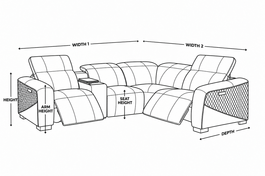Dimension diagram for Milano 2 Corner 1 With Fridge Console