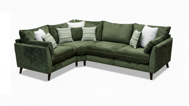 Green Penny 1 Corner 2 Fabric Sofa with multiple striped and solid cushions on dark wooden legs