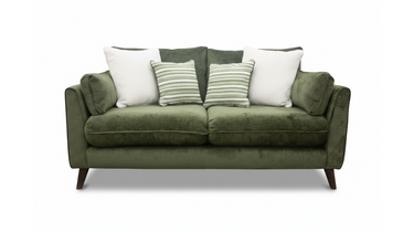 Green fabric Penny 2 seater sofa with four cushions, two striped and two plain white, on wooden legs