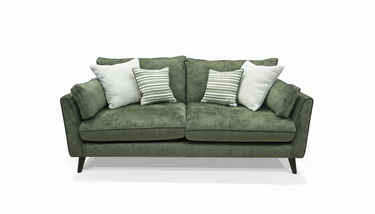 Green Penny 3 Seater Fabric Sofa with four decorative cushions on angled black wooden legs on white background