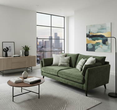 Modern green Penny 3 seater fabric sofa with cushions in a bright living room with city view window and artwork on wall.