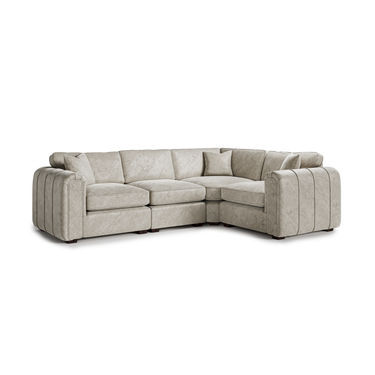 Beige fabric Roxy Night 3 corner 1.5 sofa with plush cushions and modern stitching details on a white background.