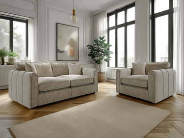 Roxy Night 4 Seater Sofa set in beige fabric with cushioned seats and armrests in a bright modern living room.