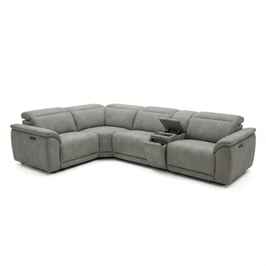 Sorrento grey fabric modular corner sofa with power recliners, adjustable headrests and open centre console, right-hand orientation on white background