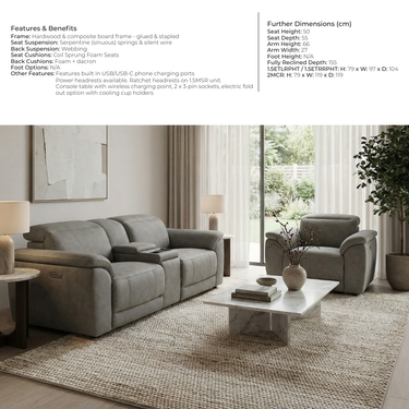 Sorrento sofa range features, benefits and dimensions specification sheet with lifestyle images of grey power recliner sofa and armchair