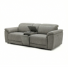 Sorrento grey fabric three-seater console power recliner sofa with centre storage console, angled view on white background