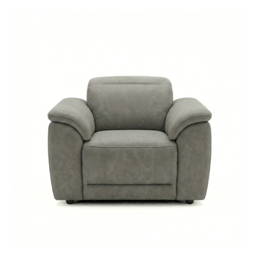 Sorrento grey fabric power recliner armchair with adjustable headrest, front-facing view on white background