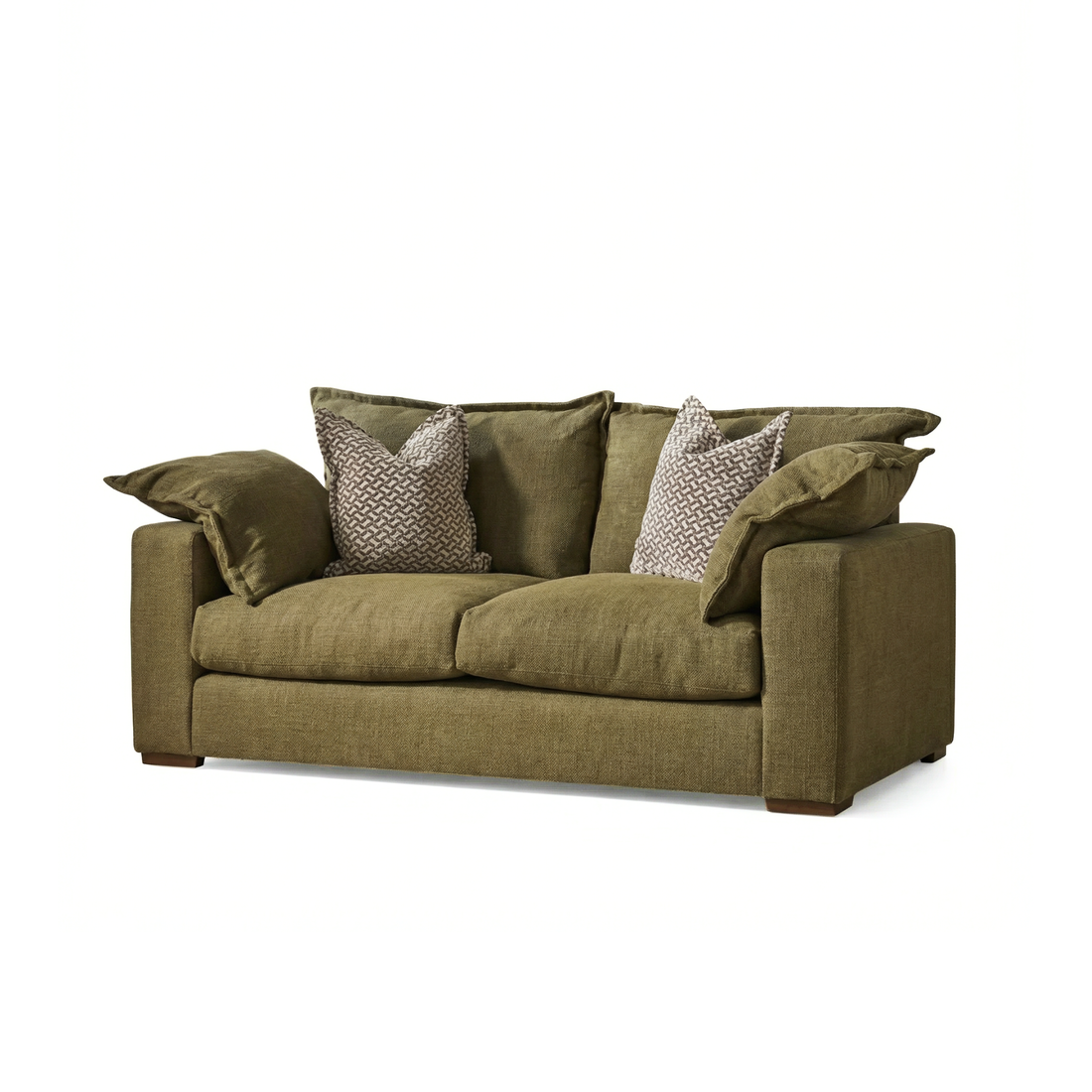 Two-seater olive green fabric sofa with loose cushions and patterned throw pillows on white background