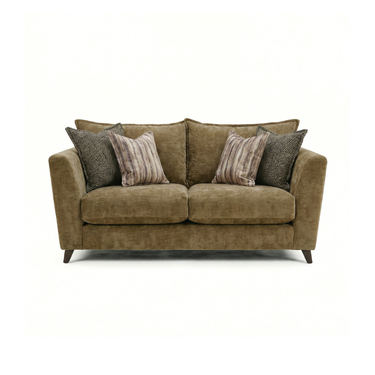 Taeo 2 Seater Fabric Sofa in olive green chenille with scatter cushions, front view
