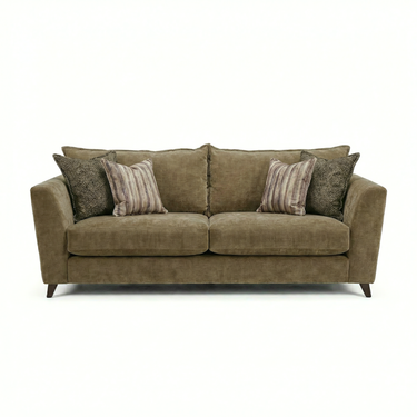 Taeo 3 Seater Fabric Sofa in olive green chenille with scatter cushions, front view