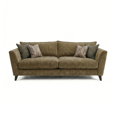 Taeo 4 Seater Split Fabric Sofa in olive green chenille with scatter cushions, front view