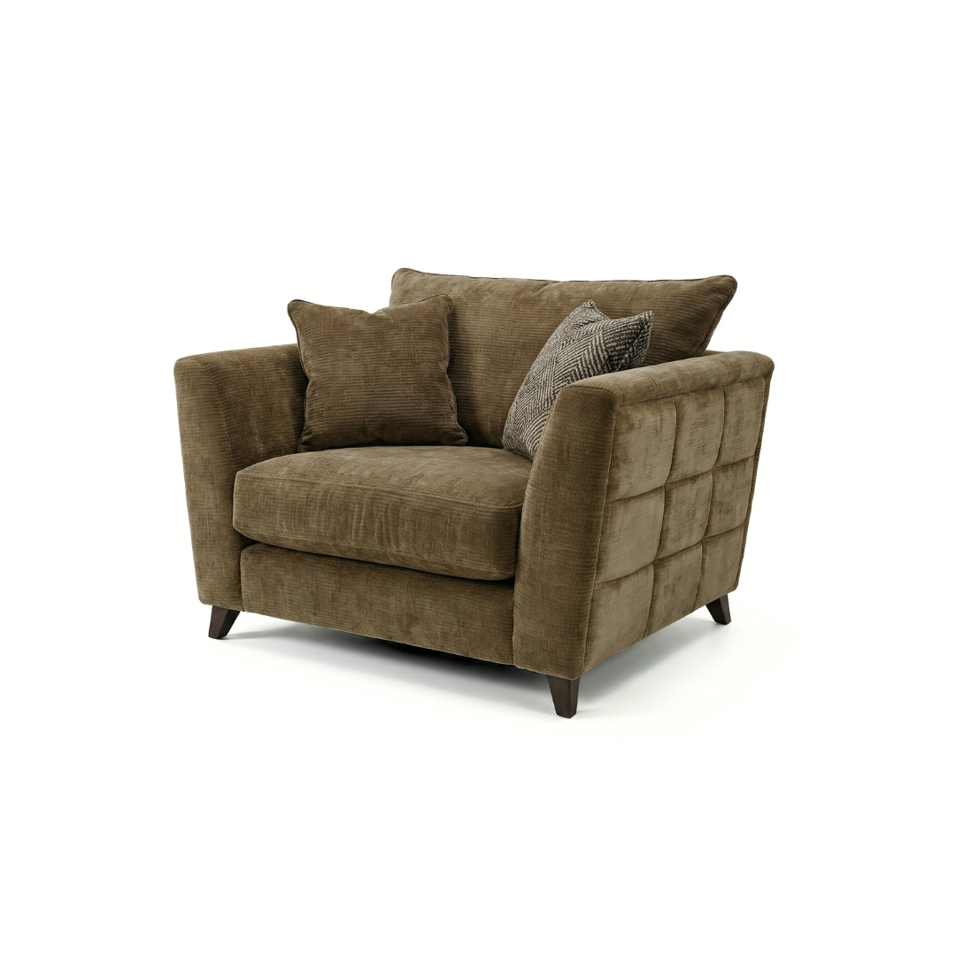 Taeo Fabric Arm Chair in olive green chenille with scatter cushions, angled view